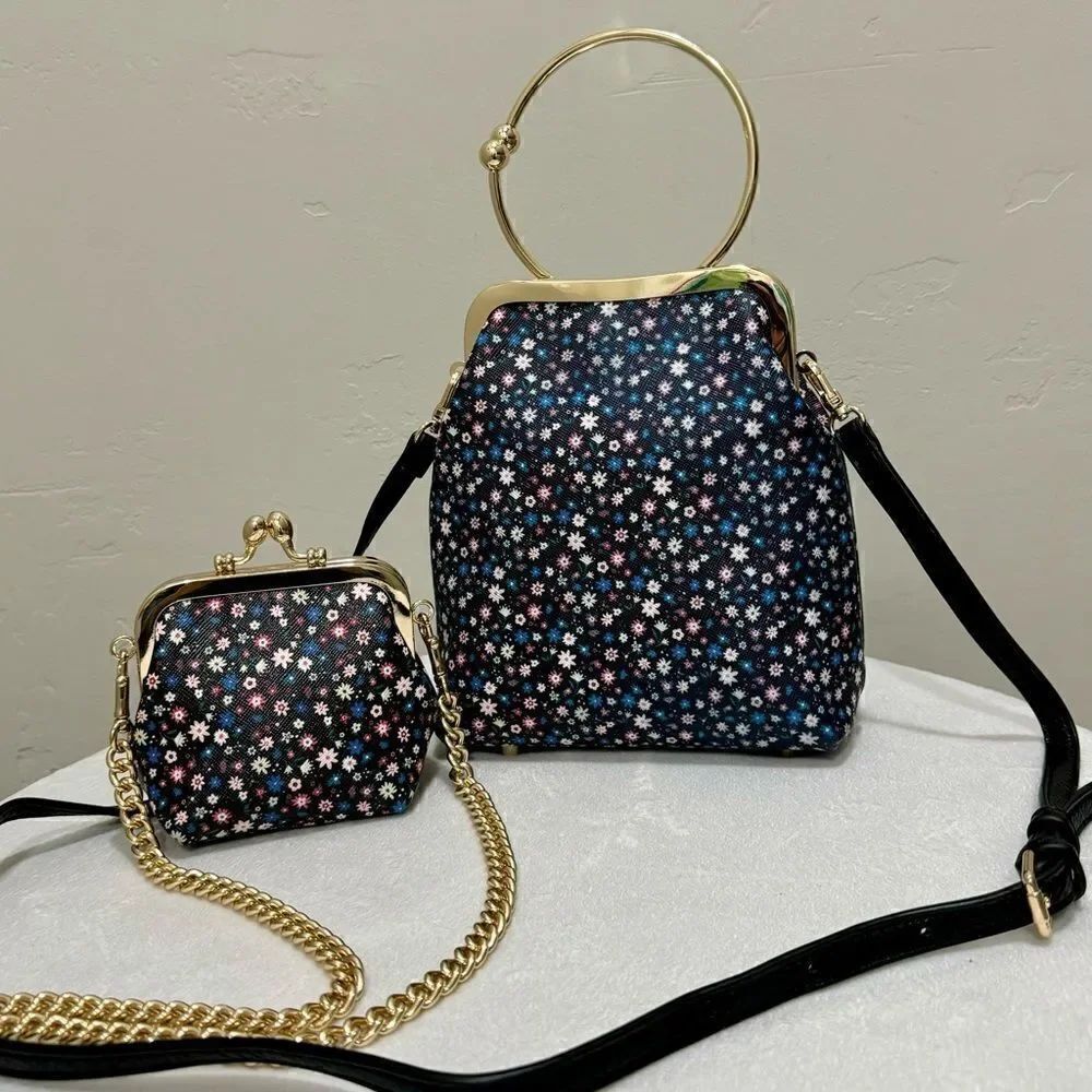 Handmade Oriental Style Genuine Leather Top Handle Kisslock Bag & Mini Purse Set